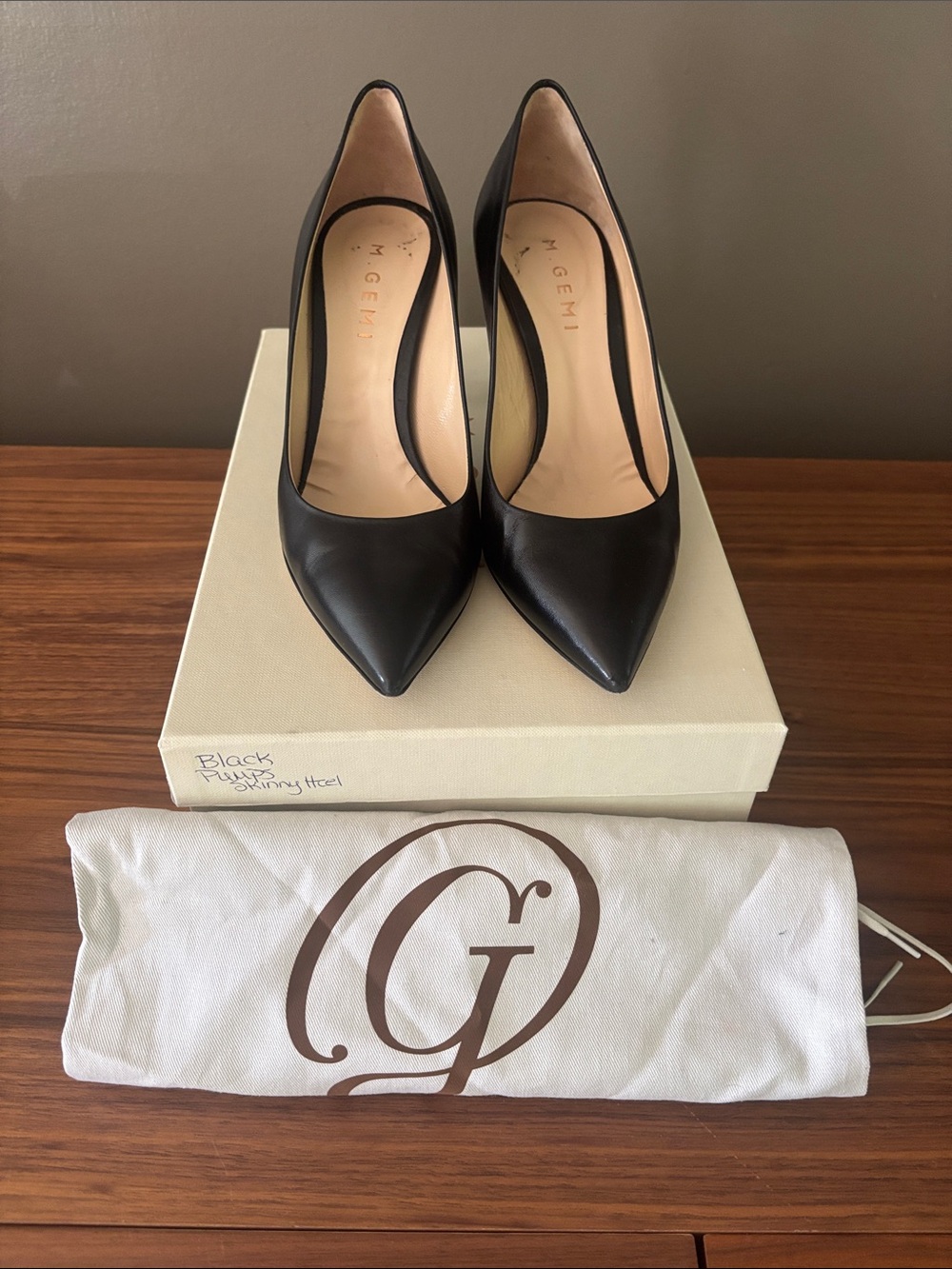 M. Gemi Black Leather Pointed-Toe Pumps 3.5” heel